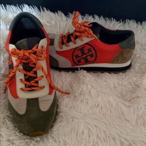 Tory Burch Annie Nylon Runner Vibrant Orange and Green Sneakers